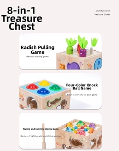 Detail view of Montessori wooden activity box showing radish pulling and fishing games