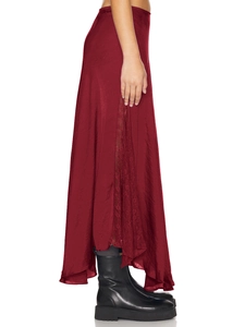 Elegant wine red satin midi skirt featuring delicate side lace stitching for women