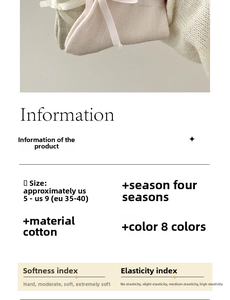 Detailed chart showing cotton socks with silk ribbon bows in 8 colors, sizes 35-40