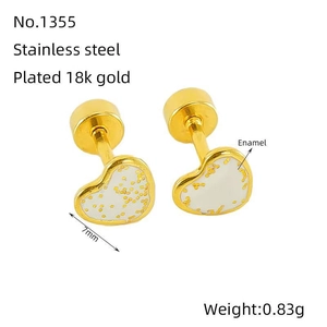 Macro detail of heart-shaped white enamel earring with dimensions and material specs
