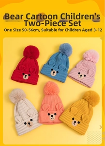 Detailed grid of children knit hats in six vibrant colors with cute bear ears and fur pom-poms