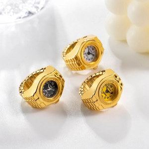 GOMIA vintage gold quartz ring watches with black, white, and yellow dials on white marble