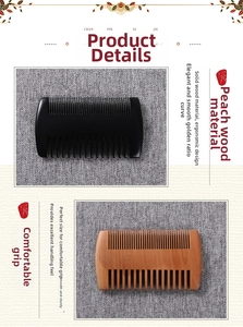 Close-up of double-sided peach wood comb showing ergonomic curved solid wood design