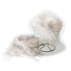 Detail of fluffy faux turkey feather winter hat and scarf set in creamy off-white color
