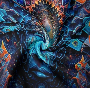 Detail of silk-like psychedelic mushroom tapestry with deep blue and orange mandala patterns