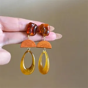 Asymmetric amber resin and wood geometric drop earrings for women in a vintage warm style