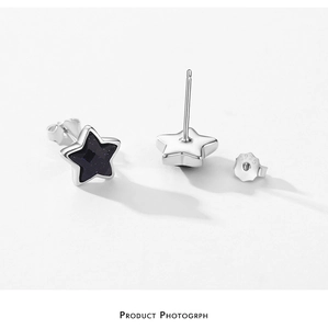 Detail of S925 sterling silver star earring with blue obsidian and back clasp
