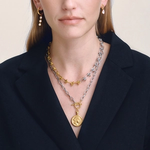 Classic 18K gold and silver layered knot chain necklace with portrait coin pendant set