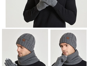Detailed knit texture of winter thermal set featuring beanie, scarf, and touch gloves
