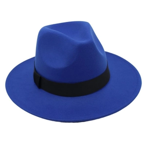 Detailed top view of a royal blue wool felt fedora hat with black decorative ribbon
