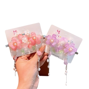 Traditional Chinese cherry blossom hair clips with tassels and pearls for girls