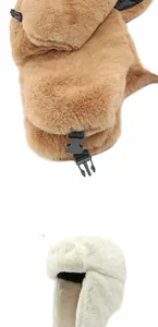 Close-up of thick faux rabbit fur winter trapper hat with adjustable windproof buckle