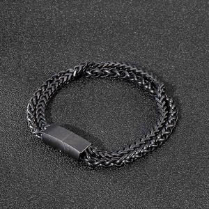 Men's double-row black woven punk style stainless steel bracelet with matte magnetic clasp