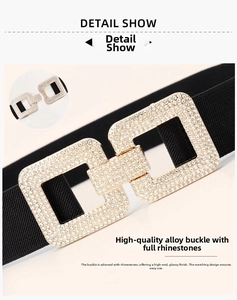 Close-up of women's elastic belt with gold square buckle and shimmering rhinestones