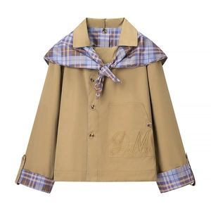 Women's Khaki Scarf Collar Jacket British Retro Plaid Trim Casual Short Outerwear Long Sleeve With Embroidered Pocket