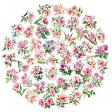 Detailed spread of 50 waterproof floral PET stickers featuring roses and petunias