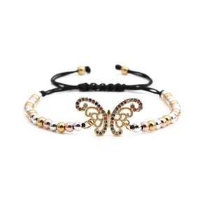 Adjustable woven bracelet with colorful zircon butterfly pendant and metallic beads