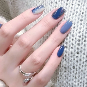Press On Nails Gradient Blue White Long Coffin Artificial False Nail Tips Glitter Shimmer Elegant Style