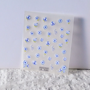 Adesivi per unghie con fiori di anemone blu 5D e texture in rilievo 3D su foglio TS-020