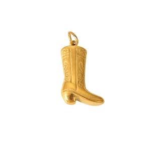 Vintage gold plated stainless steel cowboy boot pendant with intricate floral engravings