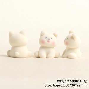 Three views of white flocked puppy figurine showing front back and side dimensions