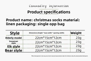 Tableau des tailles avec dimensions pour chaussettes de Noël à motif de renne et bonhomme