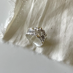 Detail of S925 sterling silver ring with irregular texture and gold dot accents