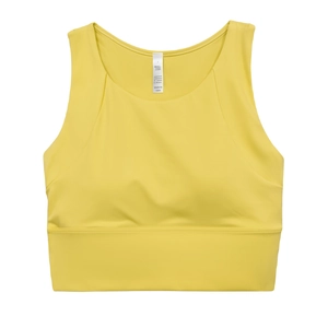Dettaglio del reggiseno sportivo giallo limone con etichetta interna e cuciture