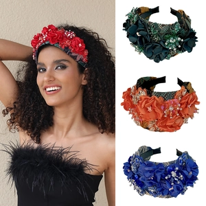 Handmade Fabric Flower Headband Rhinestone Lace Beads Vintage Hair Accessories For Women Luxury Styling