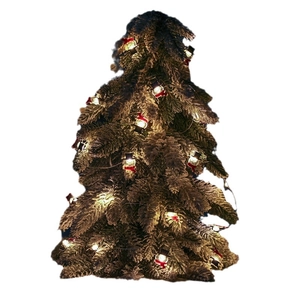 Mini flocked Christmas tree with warm LED lights and heavy snow effect on white background