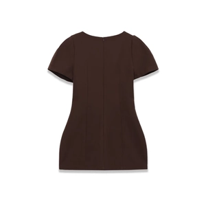 Women's minimalist dark brown short sleeve pleated A-line mini dress with pockets