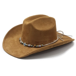 Brown faux suede western cowboy hat with decorative beaded band and wide curved brim