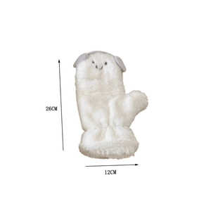Detail view of plush white mittens with ear design and 26cm x 12cm size dimensions