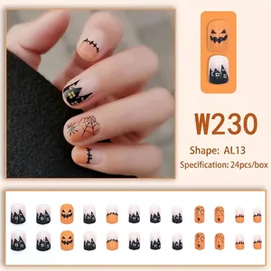 Unghie finte corte Halloween con zucca e ragnatela, set da 24 pezzi in scatola