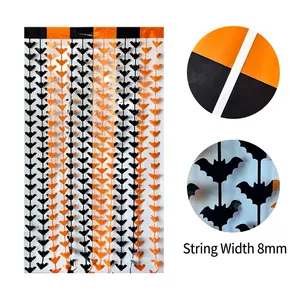 Halloween party fringe curtain with black and orange bats, 8mm ribbon width décor