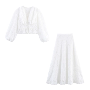 Women Lace Top And Skirt Outfit V-Neck Long Lantern Sleeve Blouse Hollow Out Floral A-Line Long Skirt Elegant White