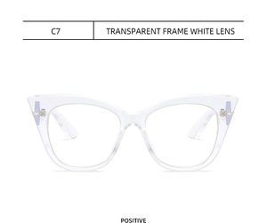 Front view of transparent cat-eye frame glasses model C7 with clear white lenses