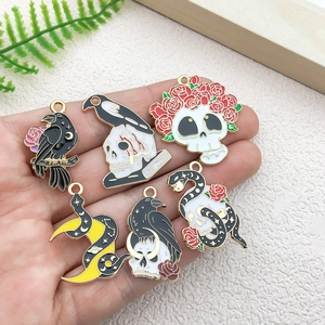 Enamel Halloween charms set featuring skull snake and crescent moon for DIY jewelry