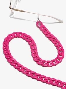 Pink acrylic thick chain eyeglass strap with rubber loops on a white background