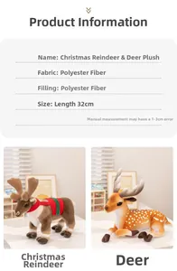 Detail view of 32cm plush Christmas reindeer and spotted deer with polyester filling