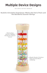 Detailed view of wooden rainmaker toy showing internal colorful beads and hollow mechanism