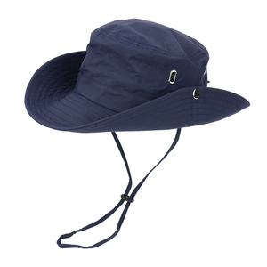 Detail of dark blue outdoor sun hat with wide brim, side vents and adjustable chin strap