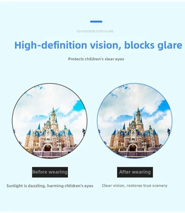 Detail view of kids polarized sunglasses showing anti-glare lens clarity and vision contrast