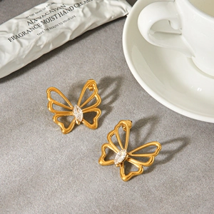 Butterfly Stud Earrings 18K Gold Plated Stainless Steel Hollow Out Marquise Zircon Elegant Jewelry For Women Ins Style