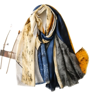 Artistic ink painting style cotton linen scarf with tassels for beach sun protection