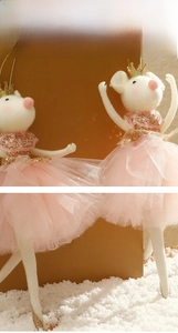 Detail of ballet mouse ornaments with pink sequin mesh skirts and golden crowns