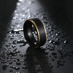 8MM black matte titanium steel ring for men with elegant gold-plated polished edges
