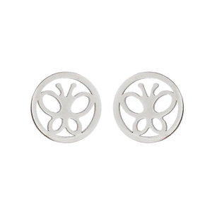 Detailansicht silberner runder Ohrstecker mit feinem hohlem Schmetterlingsdesign