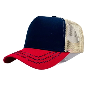 Marineblaue und rote Mesh-Trucker-Kappe für Erwachsene mit blauen Wellennähten am Schirm
