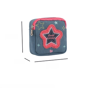 Detailed size view of a denim square mini pouch with 12x12x4cm dimensions and star embroidery